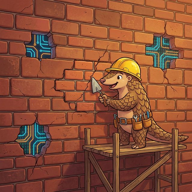 A pangolin fixing holes in a firewall wall