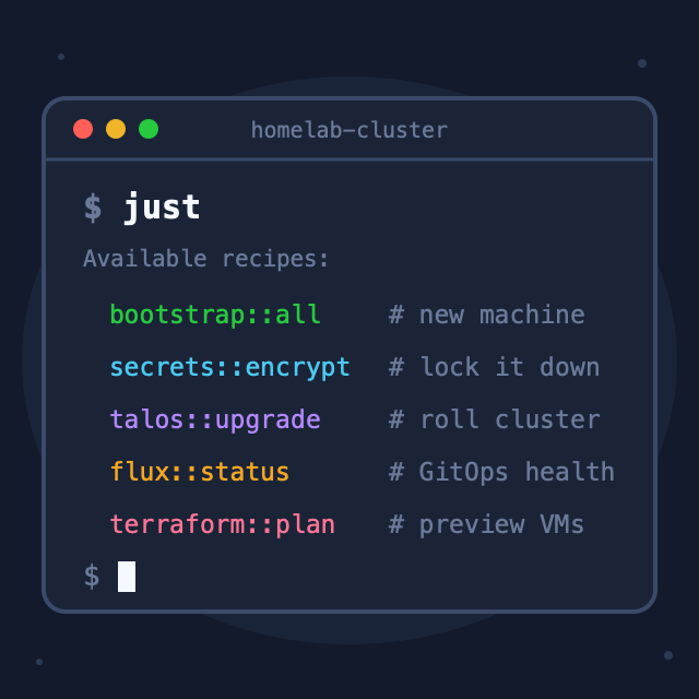 A large just key on a keyboard fanning out to recipe chips for secrets, talos, flux and terraform